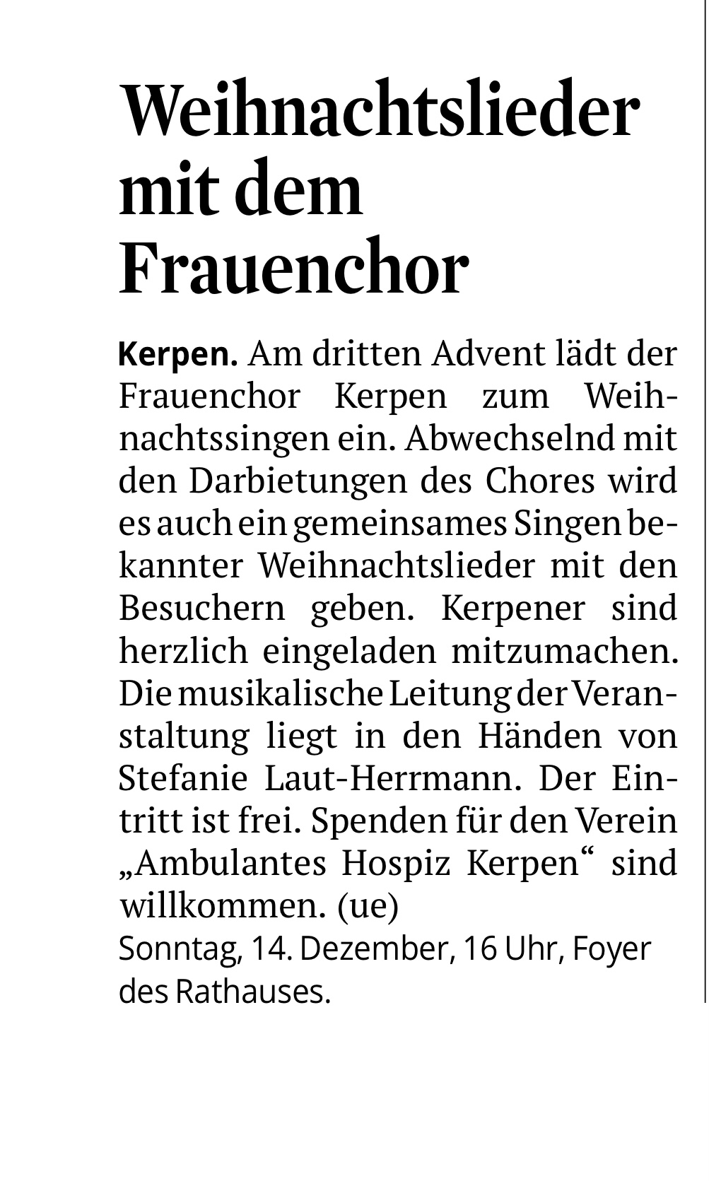 Presseankündigung Ksta Weihnachtssingen 2025